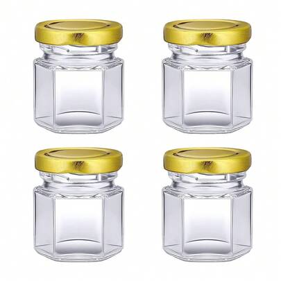 4 piezas de frascos de vidrio mini de 45ml, botellas de compartimentos hexagonales en forma de diamante, tarros de miel/tarros Mason con tapas atornilladas, adecuados para envasado de alimentos, manualidades DIY, regalos de boda, etc.