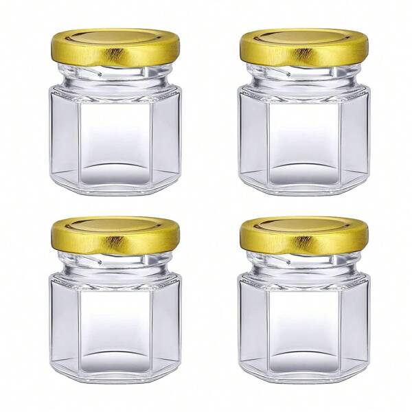 4pcs, 45ml Mini Glass Sealed Jar, Hexagonal Diamond Shaped Dividing Bottle, Honey Jar Mason Jar, With Knob Cover, Suitable For Food Packaging, DIY Handmade Production, Wedding Gifts, Etc