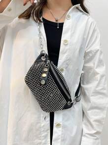 Fashionable & Versatile Women's Rhinestone One Shoulder Bag Mini Crossbody Bag With Adjustable Wide Strap