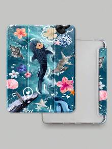 Dudukan Silikon Ocean Elegan Motif Cangkang Hiu dan Bunga Transparan Peredam Guncangan dengan Slot Pena, Kompatibel dengan Tablet Galaxy Tab A8 10.5, S6 Lite 10.4, S7/S8/S9 Inci Mendukung Fungsi Tidur/Bangun Hadiah Ulang Tahun Liburan untuk Tablet. - MultiWarna - View 4