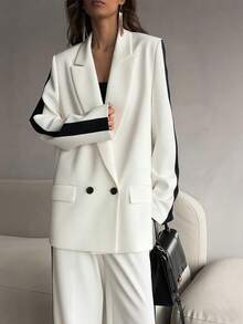 2 件套女士休闲商务宽松西装套装撞色西装外套和松紧腰直筒裤套装，夏季/春季，优雅风格，适合办公室女士，时尚非正式通勤 - 白色撞黑色 - 查看 6
