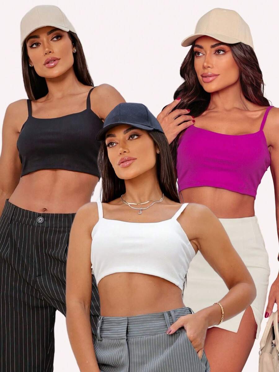 Kit Of 3 Cropped Top Blouses With Ribbed Straps - BLACK/OFF/FUCHSIA - View 1