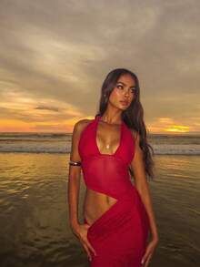 Vestido transparente de mujer con cuello halter en V profunda, costura asimétrica y diseño sexy, ideal para fiestas, citas, clubes, eventos, bodas, Navidad, invitadas de boda, vestido de hada, vestido con hombros descubiertos