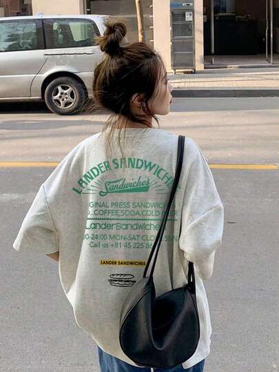 오버사이즈 레트로 아메리칸 스타일 여성 티셔츠, 빈티지 랜더 샌드위치 그래픽 프린트, 캐주얼 루즈 드롭 숄더 베이지 티셔츠, 스트리트 스타일 루즈 여름 상의, 흥미로운 프린트 텍스트 티셔츠