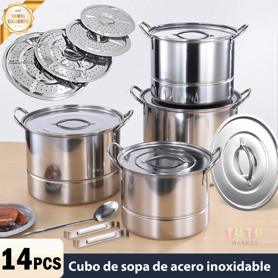 Juego de ollas de 4 piezas, juego de ollas para sopa, juego de utensilios de cocina, juego de ollas para sopa de acero inoxidable, utensilios de cocina multifuncionales, acero inoxidable, gran capacidad, multifuncional, herramientas de cocina, utensilios de cocina con tapa, olla con tapa, equipado con cuchara para sopa, vaporera extraíble, olla de cocina para el hogar, accesorios de cocina, duradero y fácil de limpiar, adecuado para cocinar, cocinar al vapor y freír, adecuado para el hogar, restaurante, escuela, viajes (plata) - Plateado - Ver 1