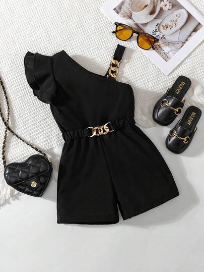 BASUSARRI Young Girl Floral Ruffle Strap Jumpsuit, Elegant Commuter Style Summer Shorts, Fashion Elegant Girls Clothing