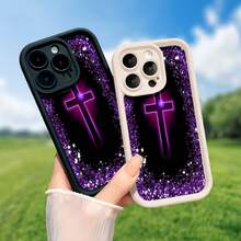 Jesus Cross Themed Phone Case Designed With Elegant Purple Glitter Accents Compatible With IPhone 16 15 14 13 12 And 11 Pro Models And Made Of TPU Protective Material Ideal Choice For Family Friends Young People Birthdays Holidays Boyfriends Girlfriends And Valentine's Day Gifts - 酒紅色 - 查看 4