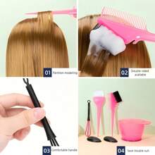Juego de 6 piezas de accesorios para teñir el cabello que incluye: cepillo, tazón, aplicador, peine, orejeras y mezclador. Ideal para coloración, decoloración y aplicación de tinte en salones profesionales y uso doméstico.