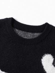 1pc Teen Boys Casual Outdoor Cool Fashion Angel Shooting Heart Jacquard Black Long Sleeve Sweater, Slouchy Crew Neck Knit Pullover, Warm & Thick, Suitable For Spring, Autumn & Winter
