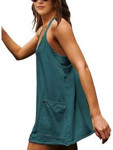 Women's Summer Sleeveless Mini Dress With Built-In Shorts - Darkgreen - View 9