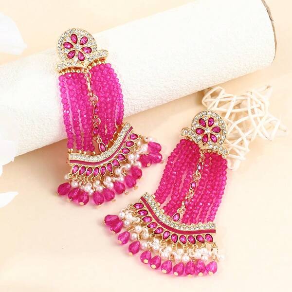 FANYINAN 1 Pair Of Zinc Alloy Crystal Bead String Bohemian-Style Earrings, Luxurious Colored Crystal Bead Earrings For Women, Fashionable And Exaggerated, Elegant Earrings, Suitable For Daily Banquets And Parties