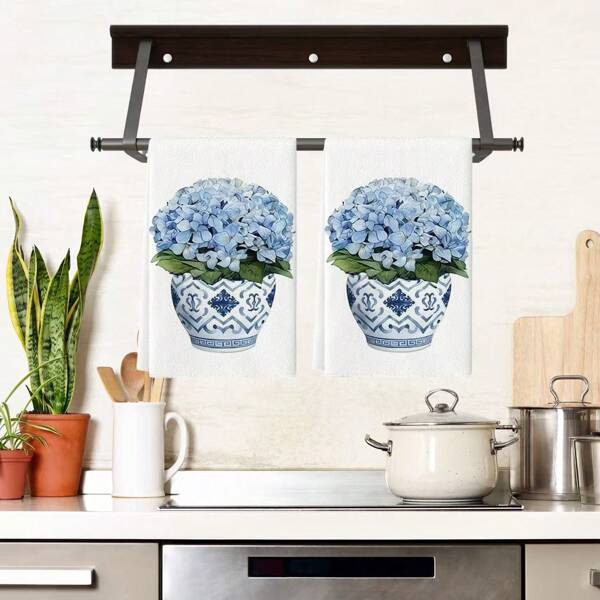 2pcs Vintage Floral Dish Towels Blue Ginger Jar Kitchen Cloths, Polyester Hand Towels With Flowers Pattern, Super Soft Woven Dishcloths, Machine Washable, Ideal For Holiday Gifts & Home Decor.