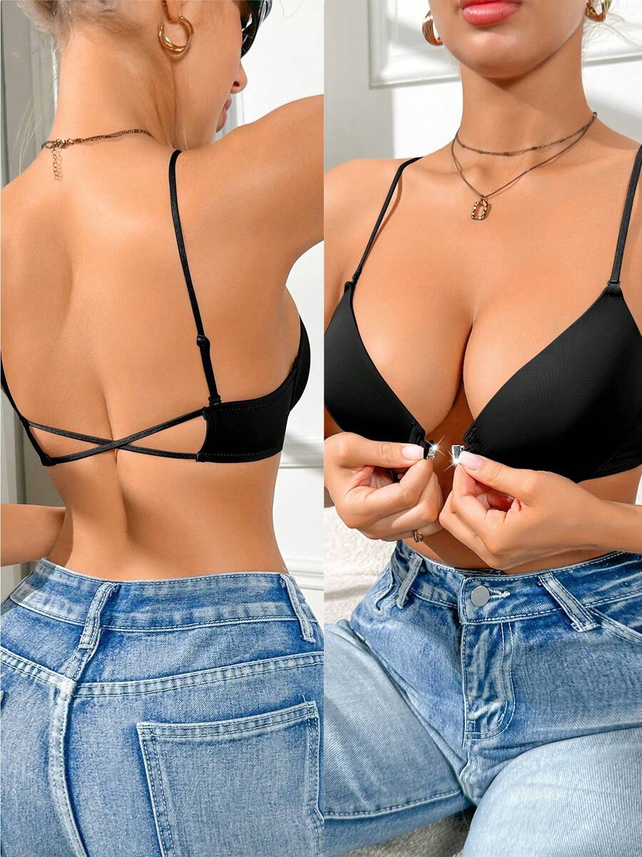 EMUPER 黑色单件式前扣交叉肩带细肩带软杯提拉支撑女士文胸 - 黑色 - 查看 1