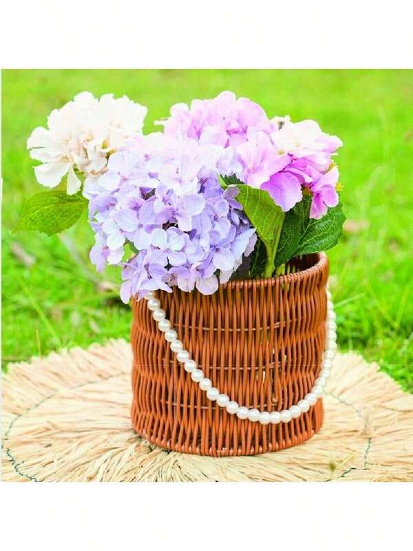1 pieza Cesta de ratán tejida para exterior con asa de perlas, regalo para boda, camping
