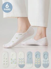 6 Pairs Of Women's Socks, Light Blue Fresh Geometric Floral Women's Boat Socks, Low Top Invisible Socks, Daily Casual Wear