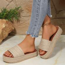 Women Sandals Summer Slide Platform Open Toe Jute Sole Beach Casual Wear - 杏色 - 查看 3
