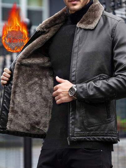 Chaqueta de cuero con cuello alto para hombre, forrada y cálida, abrigo casual de moda para el invierno y el otoño