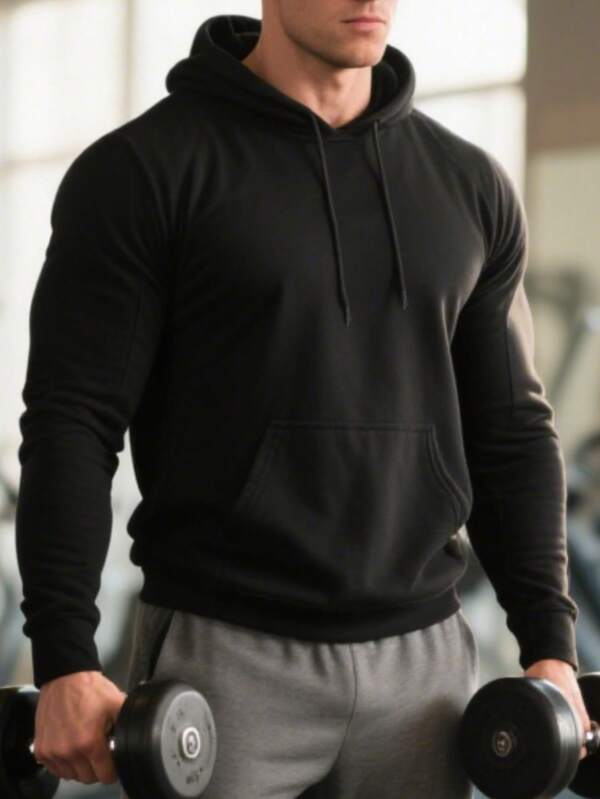 Men's Casual Hooded Zipper Sweatshirt, Black Solid Color, Solid Color Versatile, Suitable For Daily Casual Outings
