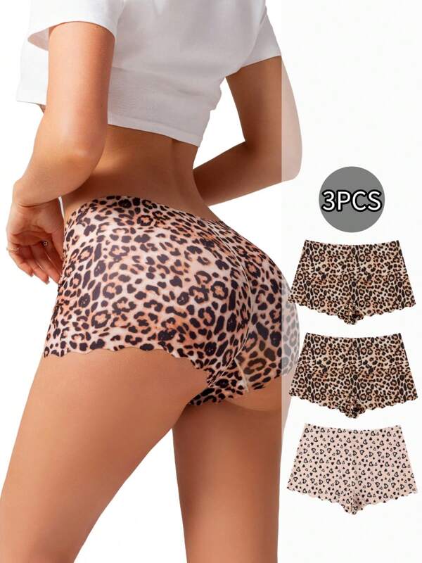 3pcs/Set Women's Seamless Leopard Print Panties, Mid-Waist Breathable Briefs