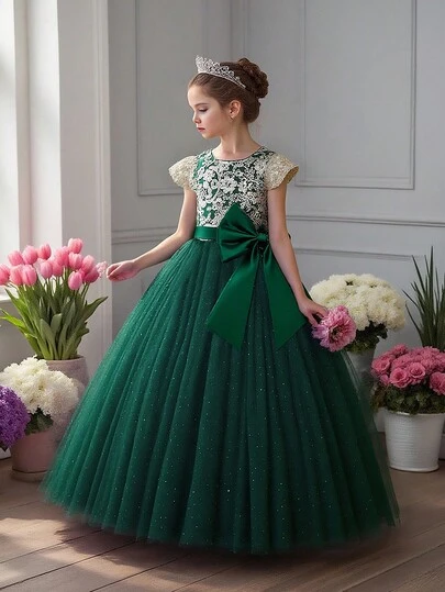 Vestido de princesa con bordado de tul para niña preadolescente, adecuado para niña de las flores, fiesta de cumpleaños, recital de piano, ocasiones formales. No incluye diadema.