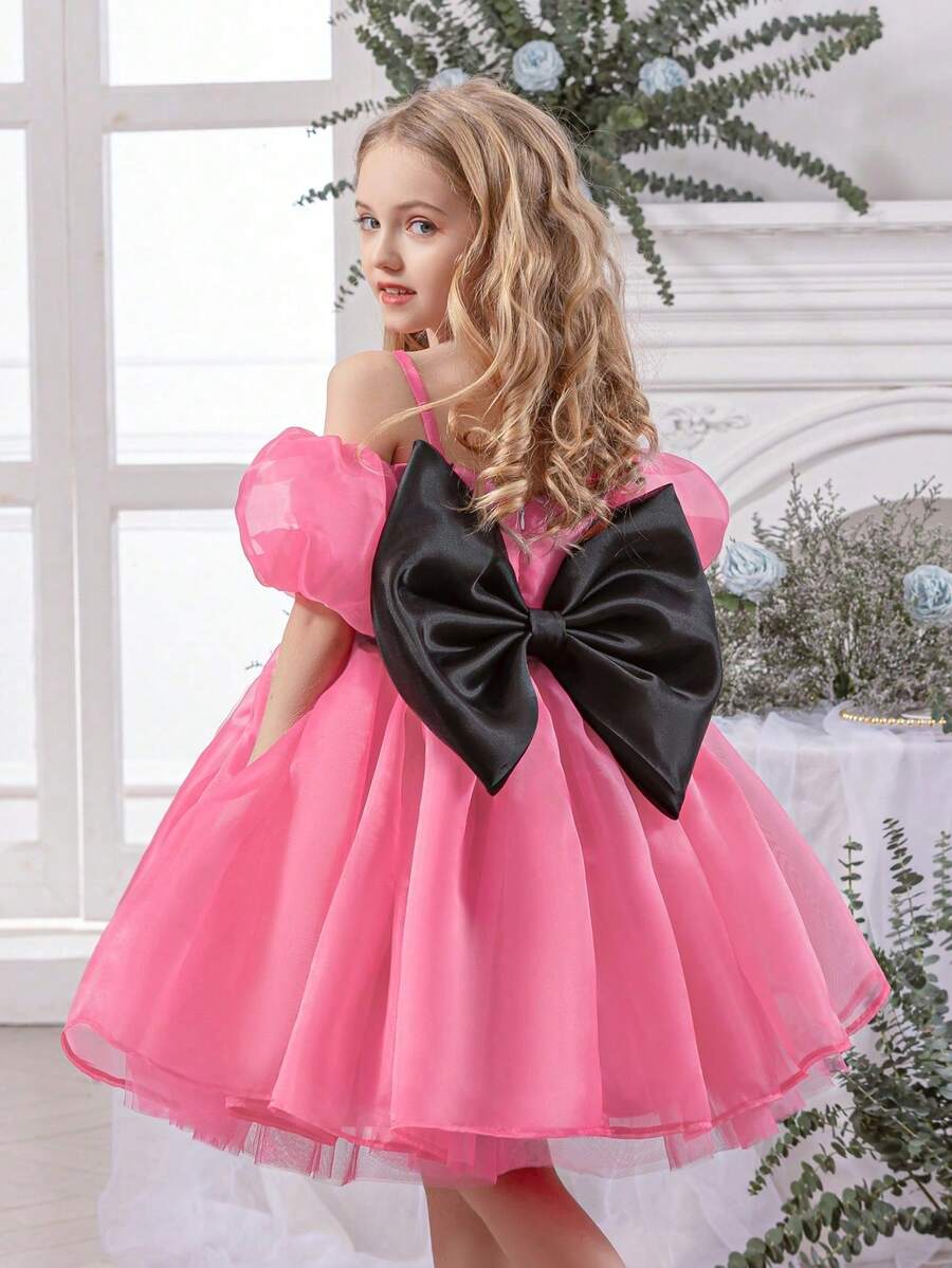 Young Girl Bowknot Strap Tulle Elegant Party Dress, Princess Gown Suitable For Flower Girls, Wedding, Birthday, Prom And Other Special Occasions - Hot Pink - View 1