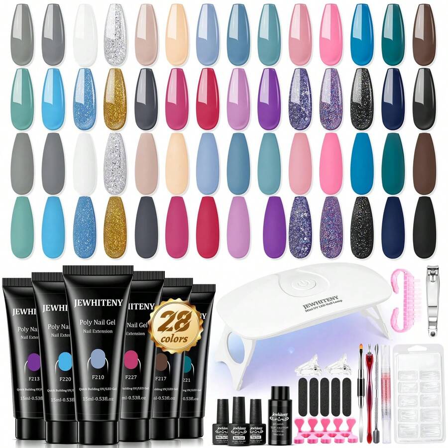 JEWHITENY Poly Gel Nail Kit 14 Colors - Yellow Nude Pink Blue Purple Glitter Tones Starter Kit With UV Lamp Base &Amp; Top Coat All-In-One Gift For Women Need U V Light Curing - F201-f228+MINI KIT - View 1