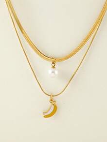 1 件不锈钢双层蛇骨项链，带树脂仿珍珠和水果吊饰（草莓、西瓜、樱桃），非常适合夏季郊游、海滩、情人节礼物和日常佩戴，适合所有场合