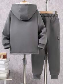 2pcs Tween Boys' Casual Fashionable Hooded Sweatshirt & Cargo Pants Set, Thermal Lined, Autumn/Winter - Grey - View 2