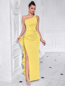 ADYCE Elegant One Shoulder Vintage Flowing Ruffled Front Split Thigh Long Dress For Ball And Evening Date Night Wedding Guest Back To School Summer Party - Yellow - View 8