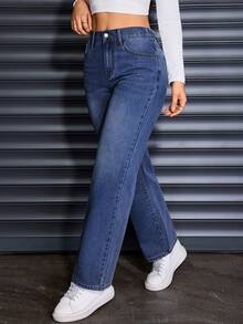 Women's Casual Elastic Waist Classic Non-Stretch Medium Blue Distressed Cat Whisker Jeans