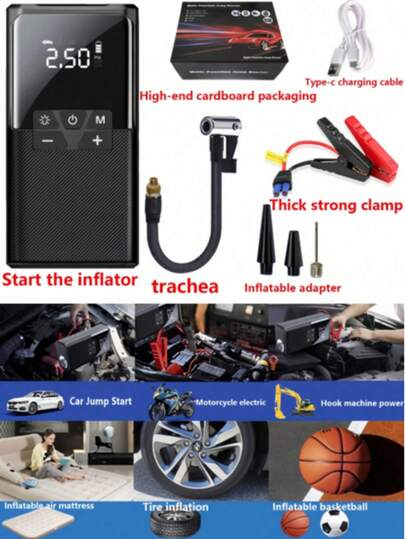 Car Jump Starter - Battery Jump Starter With Air Compressor - Suitable For Engine - Lithium Battery Portable Emergency Start Box - Car Battery Jump Cables - With LED Light - Fast Charging Battery Charger - Power Bank