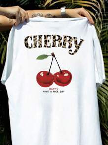 Camiseta de mujer de estilo casual, holgada y versátil con cuello redondo, manga corta, estampado de cerezas y lema, ideal para vacaciones. Camiseta gráfica en color rosa y blanco, adecuada para el uso diario y de vacaciones