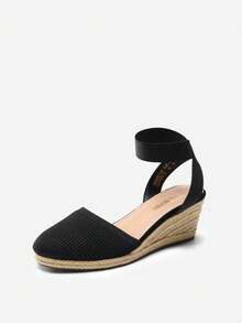 Women's Elastic Ankle Strap Espadrilles Wedge Sandals - Black Knit - View 6