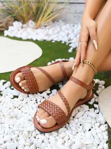 Plus Size Women's Flat Open Toe Sandals, Casual Woven Strap Lightweight Beach Sandals, Summer