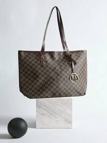 Un bolso de mano de gran capacidad con estampado de letras de moda para otoño e invierno. Apertura con cremallera, minimalista y ligero, con colgante de herraje. Adecuado para el uso diario casual, ir al trabajo y para estudiantes. Regalo de Navidad de invierno - Café integral - Ver 2