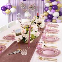 150PCS Clear Black Plastic Plates - Gold Party Plates - Black And Gold Dinnerware Set Include: 50 Plate, 25Cups, 25Forks, 25Knives, 25Spoons For New Year & Party & Father's Day - Purple - View 5