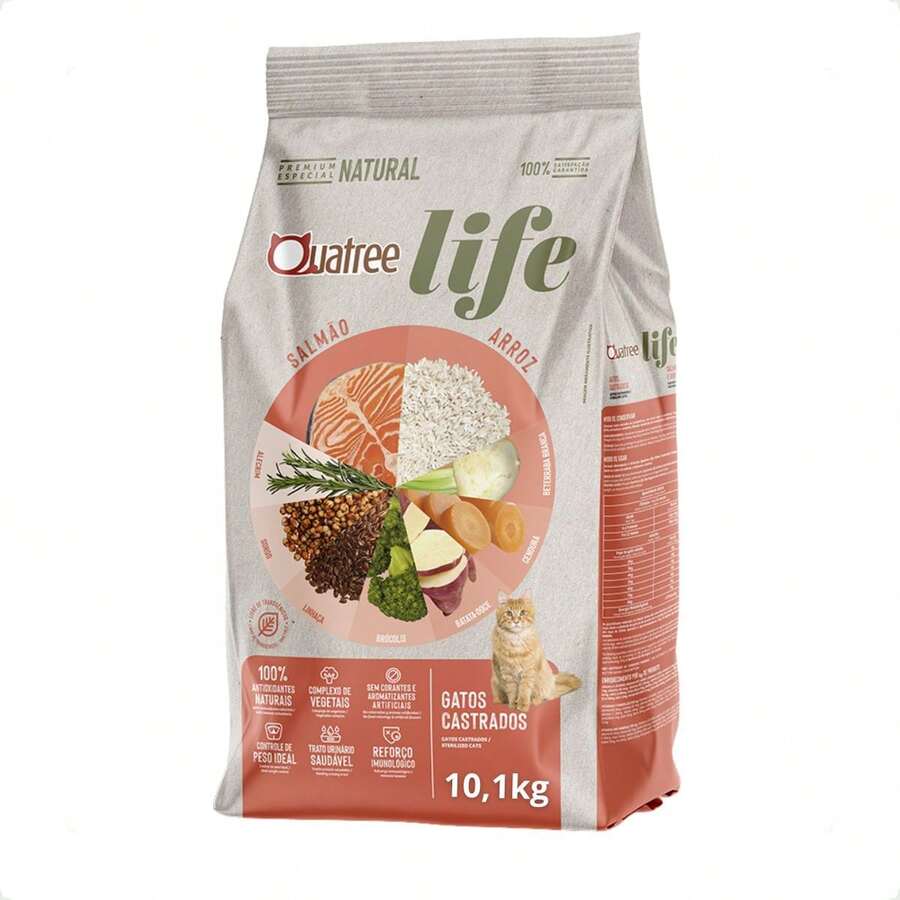 Ração Quatree Life Gatos Castrados Salmão e Arroz - 10,1Kg - Vermelho e Branco - Visão 1