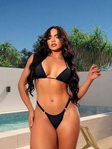 Sexy Tanning Bikini With Adjustable Thin Strap And Thong - 黑色的 - 查看 1