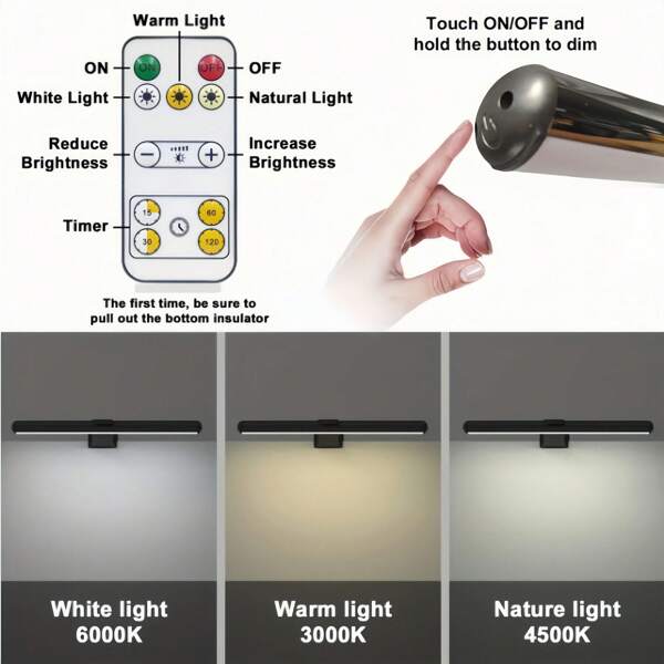1 pièce, Applique murale rechargeable à LED, Éclairage avant de miroir à la maison, Éclairage de peinture, Éclairage d'affichage d'art, Avec télécommande, 3 températures de couleur et luminosité réglable, Convient pour cadre, peinture à l'huile, cible de fléchettes, éclairage de bureau