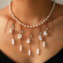 1pc New Bohemian Faux Pearl Chain Tassel Necklace, Personalized Seaside Resort Wear For Women (Shipped Without Box)