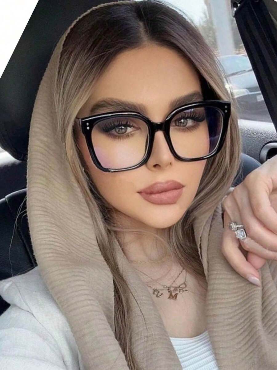 Gafas claras cuadradas de mujer con marco de remache con agujeros, gafas ópticas y para ordenador para hombres - Negro - Ver 1