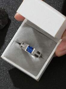 AIHUASI 1pc Luxury Certified 925 Sterling Silver Hypoallergenic Wedding Rings For Men Solitaire 6*6mm 1.25 Carat Princess Cut Dazzling Blue Synthetic Spinel Vintage Party Eternity Engagement Ring Fine Jewelry Gift