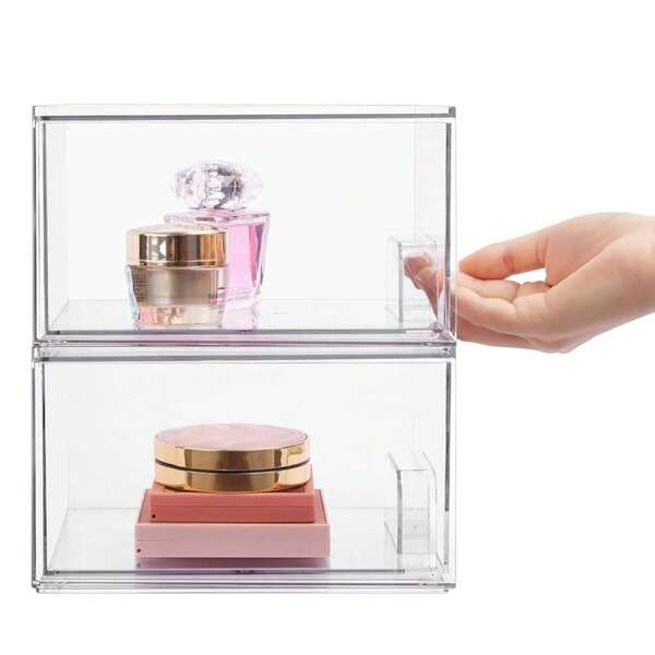 2pcs Transparent Stackable Drawer Storage Boxes, High Acrylic Bathroom Makeup Organization Box, Plastic Storage Container For Vanity, Under Sink, Kitchen Cabinet