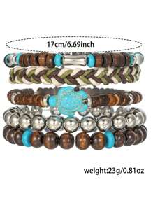 5pcs/6pcs Set Vintage Bohemian Wooden Bead, CCB, Zinc Alloy, Resin Leaf, Turtle, Infinity Symbol Elements Handmade Braided Bracelet Set Suitable For Men And Women, Daily, Beach, Holiday Wear