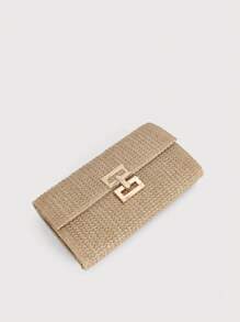 Bolso de playa con solapa con cierre de giro, de paja trenzada con cadena, tipo clutch