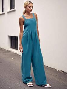 Womens Fashion Solid Color Jumpsuit Casual Button Wide Leg Suspender Overalls With Pockets - 寶藍色 - 查看 3