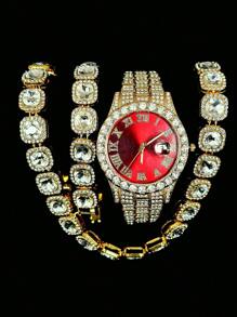 Set de joyería de 3 piezas estilo europeo y americano hip-hop con diamantes completos, reloj, collar y pulsera con rhinestones, correa de metal y calendario, regalo para estudiantes hombres y mujeres