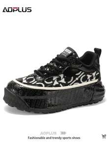 AoPlus Men's Classic Black Comfortable Sports Sneakers, Stylish Outdoor Lace-Up Leather - Spliced Thick - Soled Street - Style Casual Shoes - 黑色 - 查看 5