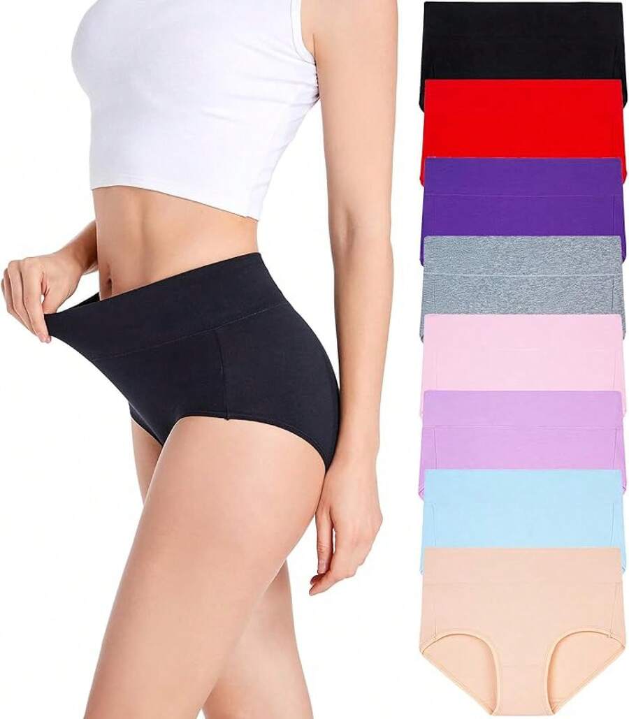 Women's Cotton High Waist Tummy Control Panties Jacquard Ladies Panty Multipack - Comfort - 三角褲 01 - 8 條裝 - 多種顏色 - 查看 1