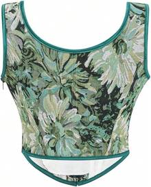 Womens Vintage 1920s Renaissance Lace Trim Corset Bustier, Retro Fashion - Dark Green Daisy - View 2